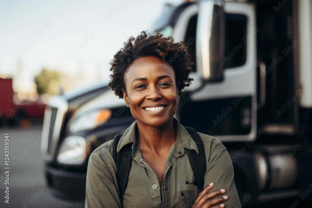 Smiling portrait of a middle aged African American female truck driver Smiling portrait of a middle aged African American female truck driver