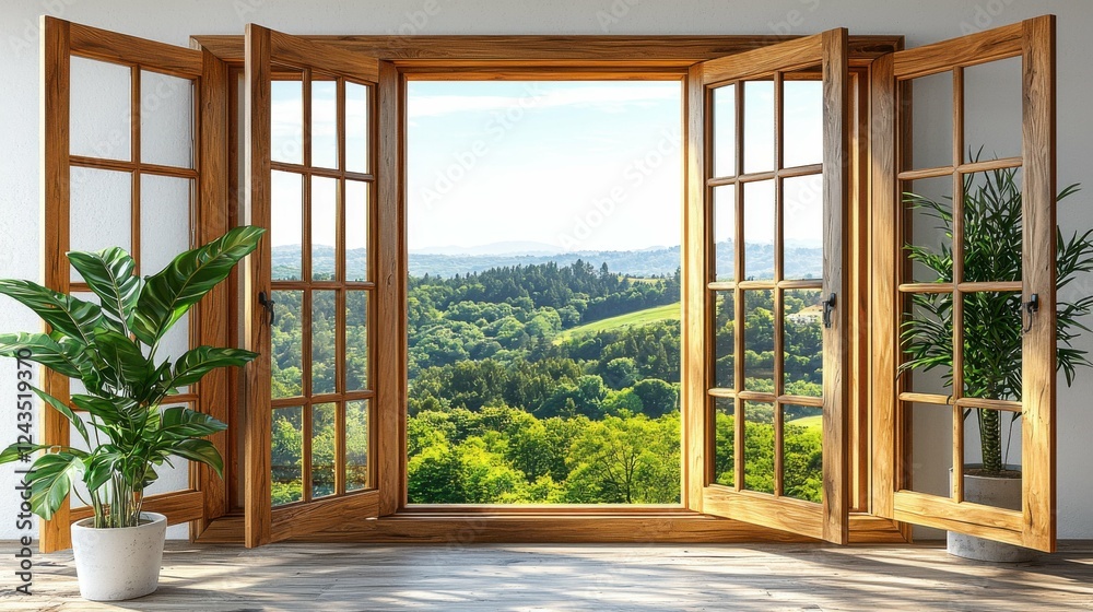 Fototapeta premium Modern 3D living room design with wood accents and large windows opening to a beautiful nature and forest view. The perfect blend of modern comfort and outdoor tranquility.
