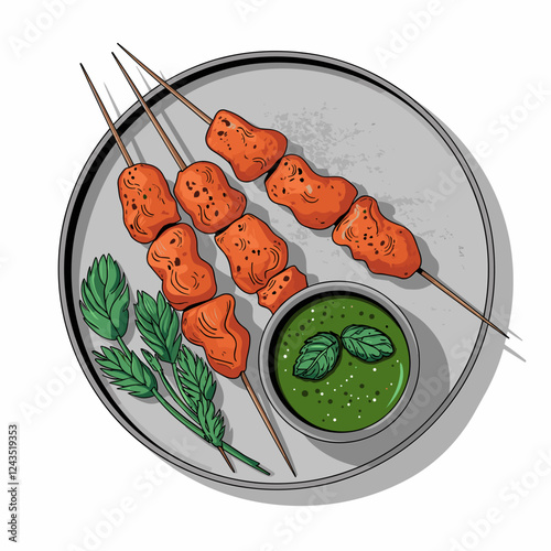 Tandoori Chicken Skewers with Green Chutney Illustration