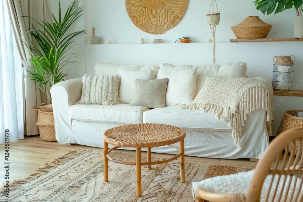 cozy interior design of bright living room in boho style with sofa home interior