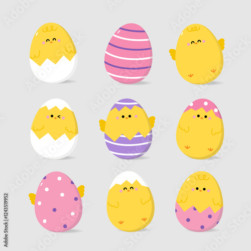 Cute little yellow chick and baby chicken with Easter eggs collection. Animal cartoon character collection. Vector in flat style.