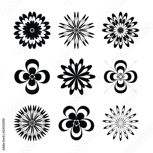 black and white flower set icon 