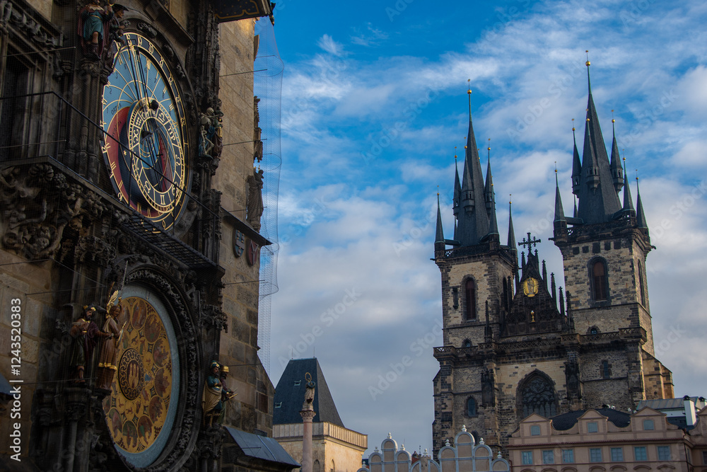 The Prague Astronomical Clock located at the Old Town Hall and the Church of Our Lady before Tyn in Prague