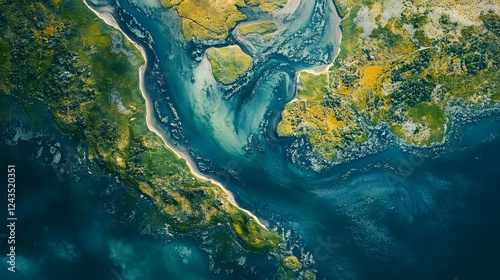 Stunning aerial top down view of a tranquil estuary landscape  The winding river meanders through a serene scene of lush vegetation tidal marshes and sandy shores
