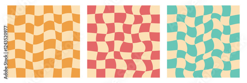 Groovy hippie checkered pattern set. Vintage psychedelic background in 70s style. Vector illustration for home retro decor, poster, print, background, cover