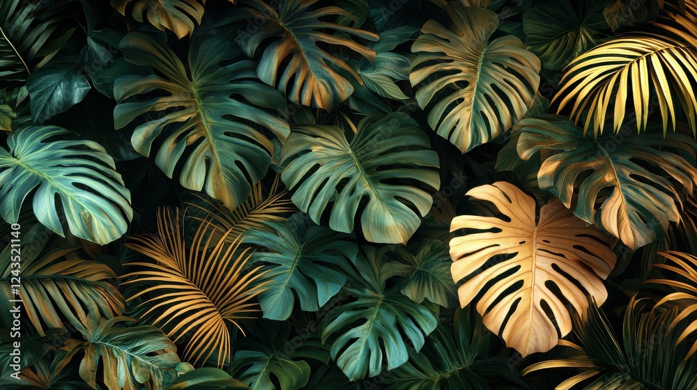 Fototapeta premium Intricate texture of tropical green leaves in a close-up view, showcasing the lush beauty of nature. A refreshing and vibrant background ideal for botanical and natural design concepts.