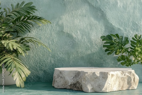 Unique stone table surrounded by tropical plants in a serene setting