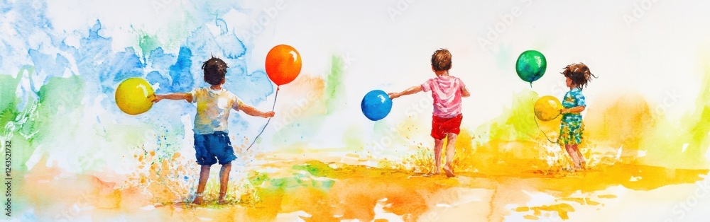 Fototapeta premium Candid shot of children joyfully playing with colorful balloons in a watercolor-themed scene