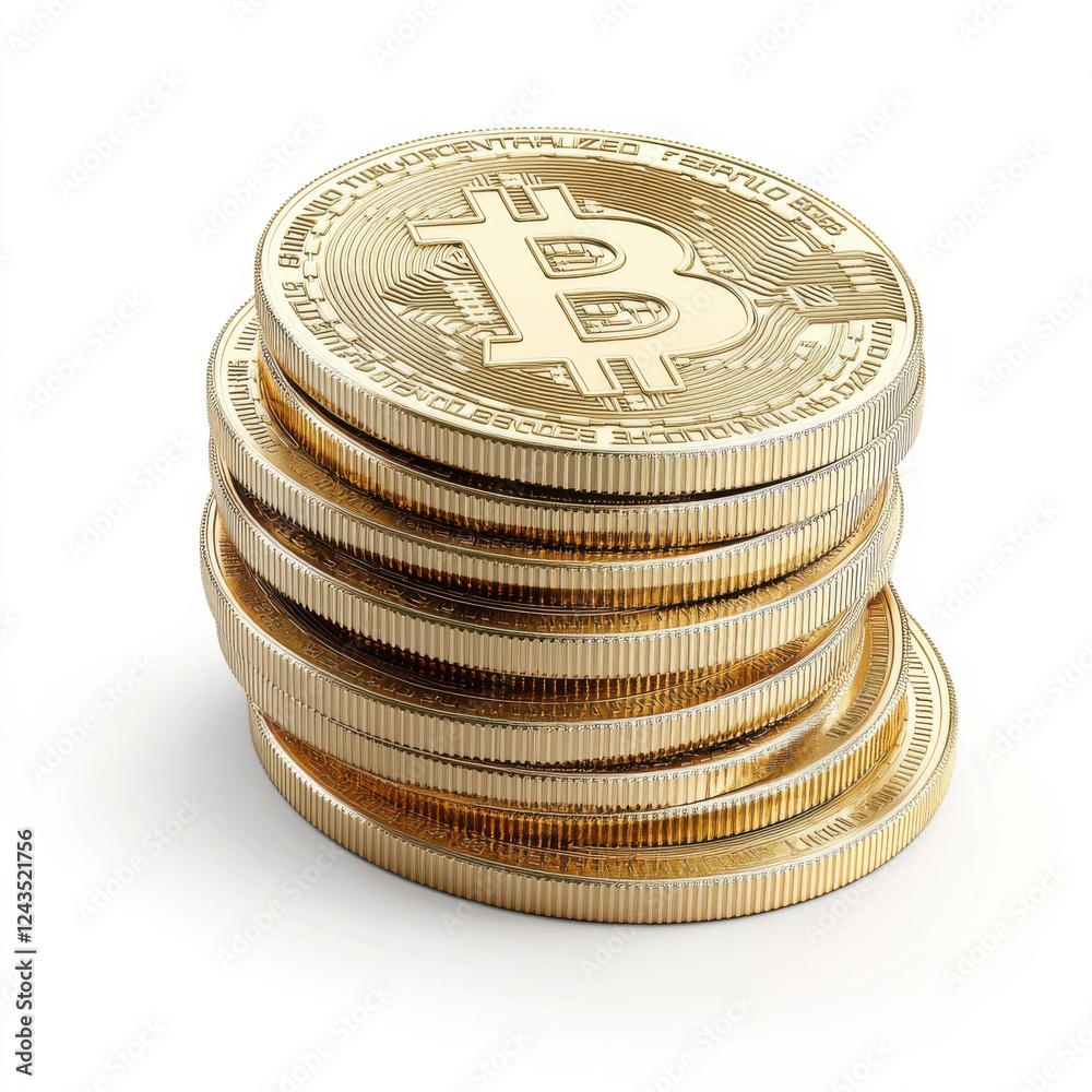 Dynamic stack of gold Bitcoin coins on white background Dynamic stack of gold Bitcoin coins on white background