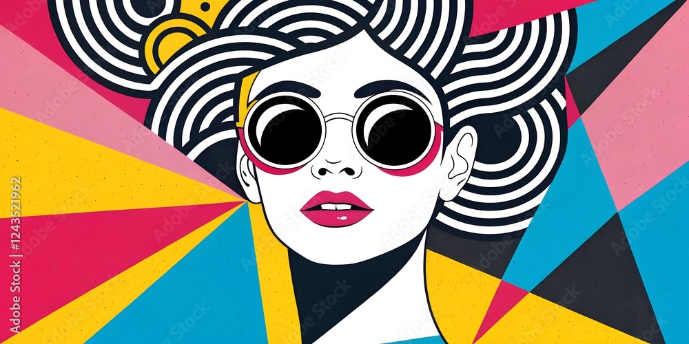 illustration of a stylish woman wearing sunglasses with bold geometric patterns and vibrant colors. Ideal for fashion, pop art, creativity, and modern design themes. illustration of a stylish woman wearing sunglasses with bold geometric patterns and vibrant colors. Ideal for fashion, pop art, creativity, and modern design themes.