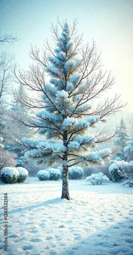 Fototapeta premium White pine tree in a snow-covered yard with bare branches , pine christmas tree, wintry scene