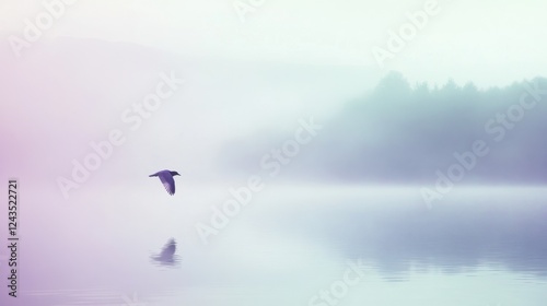 Soft silhouette of a bird soaring over a tranquil lake at dawn with mist enveloping the landscape