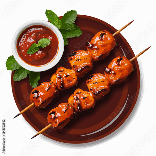 Tandoori Chicken Skewers with Green Chutney Illustration