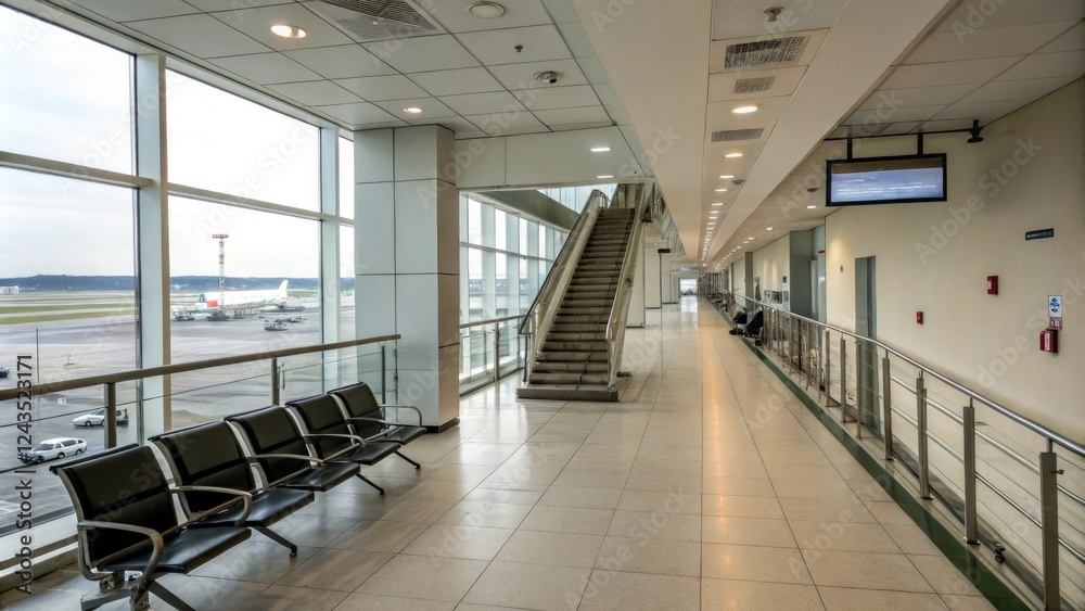 Obraz premium Wide hallway in an airport terminal with stairs leading up to a balcony and chairs along the railing, terminal, staircase
