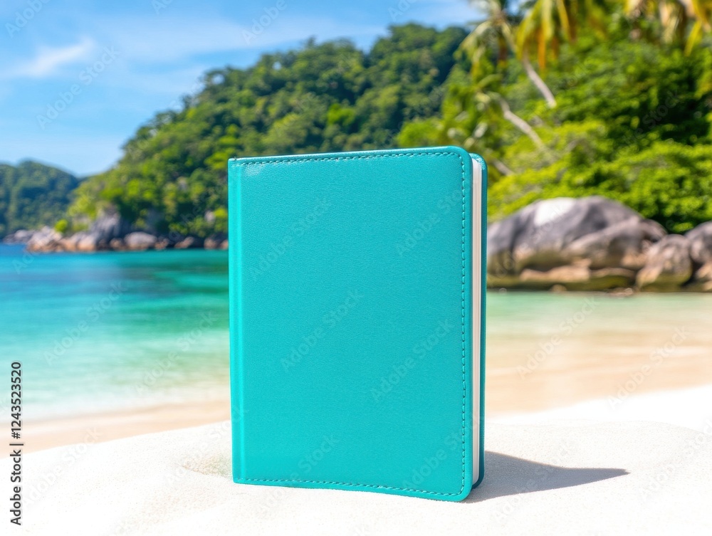 Naklejka premium A vibrant turquoise notebook rests on a sandy beach, with lush green hills and clear water in the background, evoking relaxation and creativity.