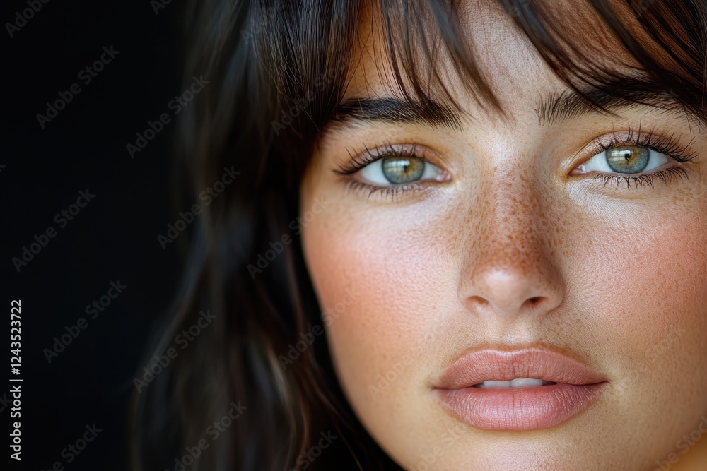 A charming portrait that highlights a young woman's striking features, beautifully capturing her freckles, eyes, and elegant presence, promoting natural beauty. A charming portrait that highlights a young woman's striking features, beautifully capturing her freckles, eyes, and elegant presence, promoting natural beauty.