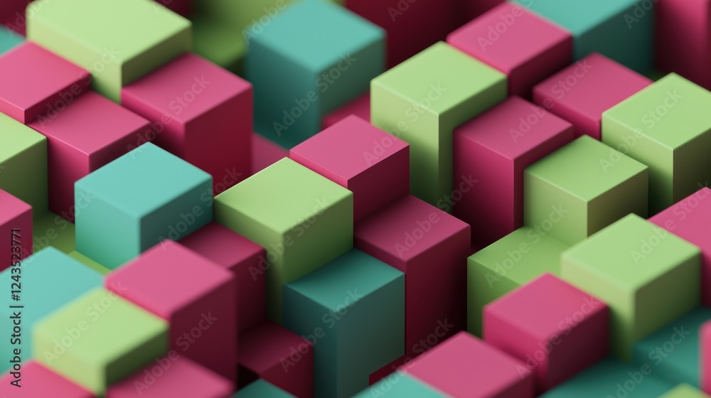 Abstract 3D Render of Pink Green Teal Cubes Abstract 3D Render of Pink Green Teal Cubes
