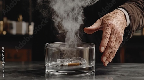 Senior extinguishing cigarette in glass bowl, smoky interior photo