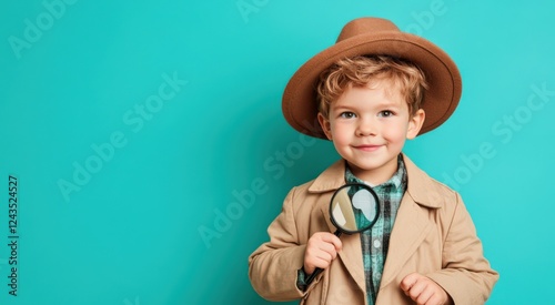 A Curious Young Detective with a Magnifying Glass, Wearing a Tan Trench Coat and Brown Hat Against a Bright Turquoise Background photo