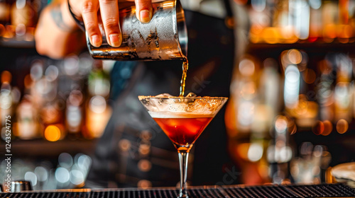 Crafting the Cocktail: Expert bartender skillfully pours a dark, rich cocktail into a martini glass, showcasing the art of mixology in a dimly lit bar setting.