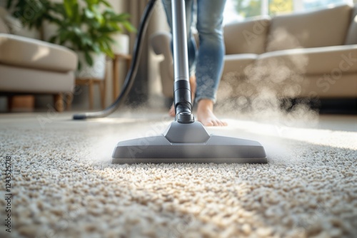 Close-up of a vacuum cleaner cleaning carpet in a bright living room with steam visible. photo