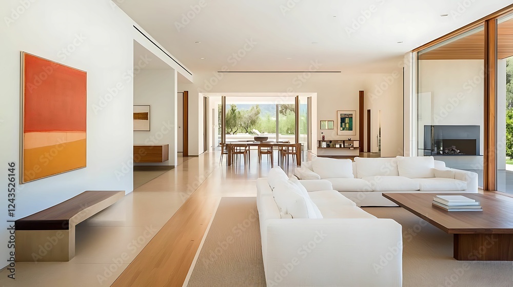 Fototapeta premium minimalist, living room, interior, design, living, room. A modern living room featuring minimalist design, large windows, and a blend of natural light with neutral tones and vibrant artwork.