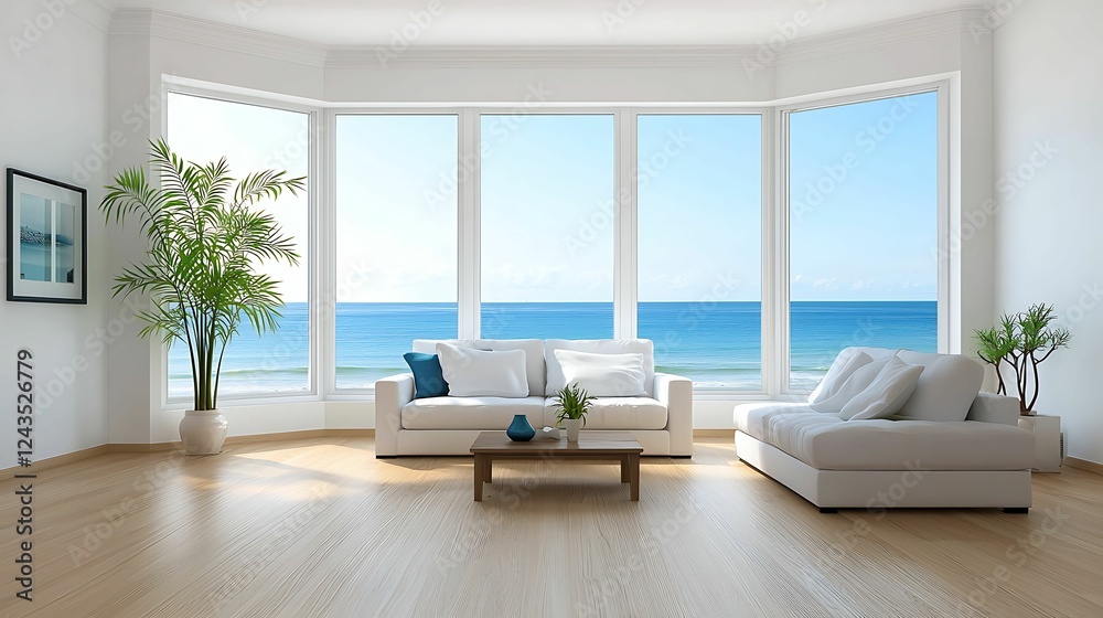 Fototapeta premium minimalist, living room, interior, design, living, room. A modern living room with ocean views, featuring a cozy couch, wooden flooring, and potted plants, creating a bright, serene atmosphere.