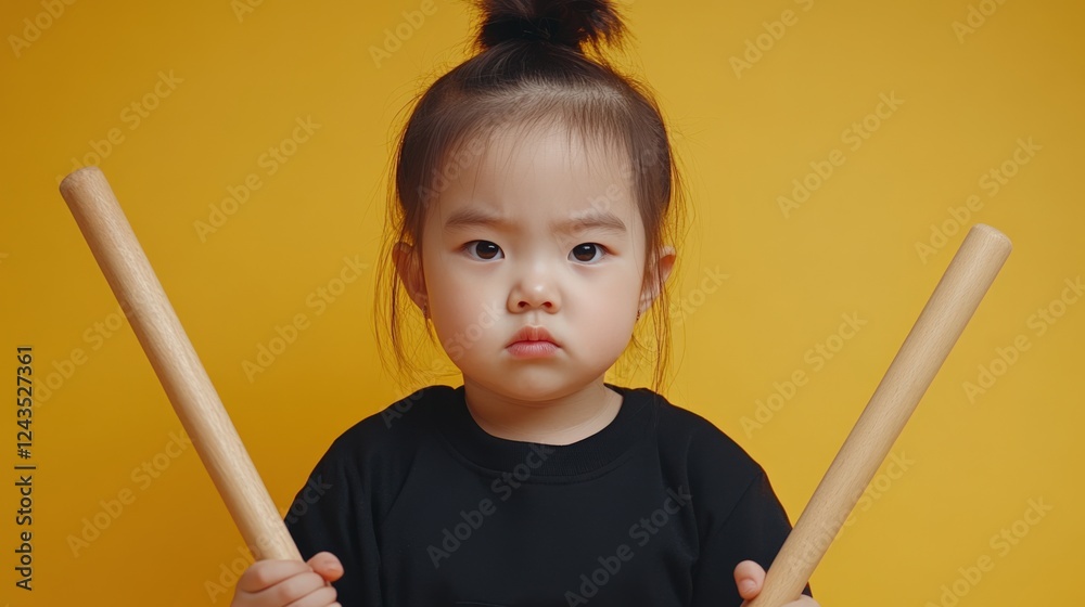 Portrait of a Young Asian Girl Holding Wooden Drumsticks Against a Vibrant Yellow Background, Showcasing a Serious Expression and Capturing Youthful Energy Portrait of a Young Asian Girl Holding Wooden Drumsticks Against a Vibrant Yellow Background, Showcasing a Serious Expression and Capturing Youthful Energy