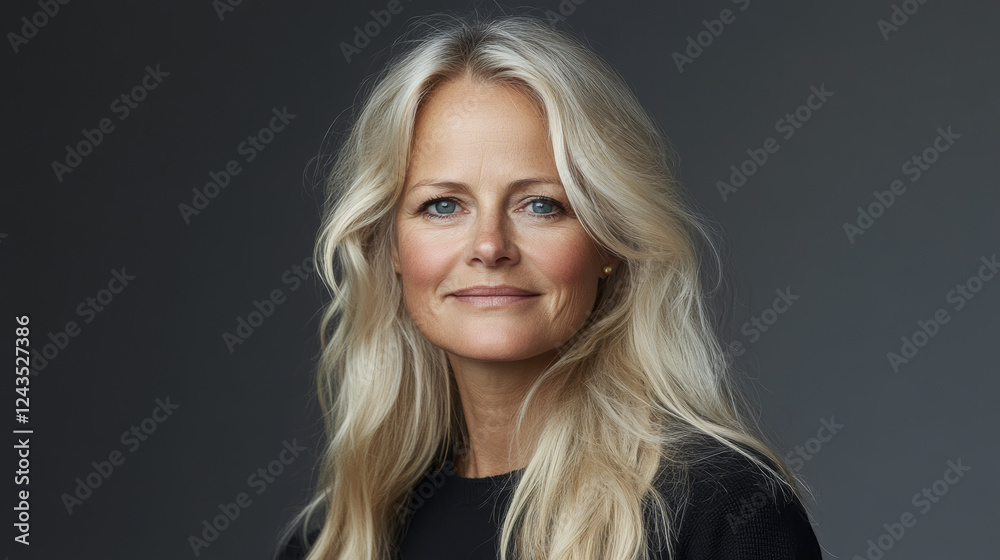 Professional portrait of a blonde woman with wavy hair and a bright smile, showcasing natural beauty and confidence in a minimalist gray studio setting Professional portrait of a blonde woman with wavy hair and a bright smile, showcasing natural beauty and confidence in a minimalist gray studio setting