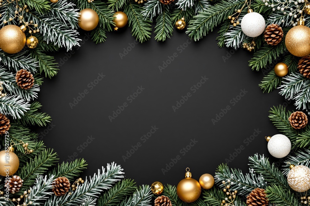 Festive Christmas border with golden ornaments and pinecones on a dark background. Festive Christmas border with golden ornaments and pinecones on a dark background.
