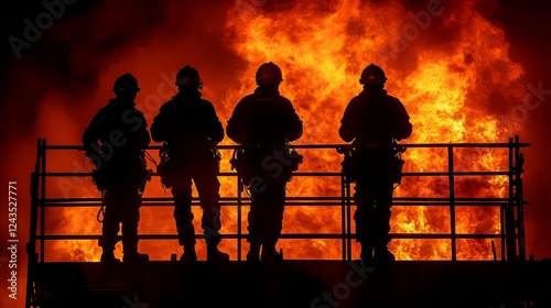 Brave firefighters silhouetted against raging flames, showcasing courage in action. photo