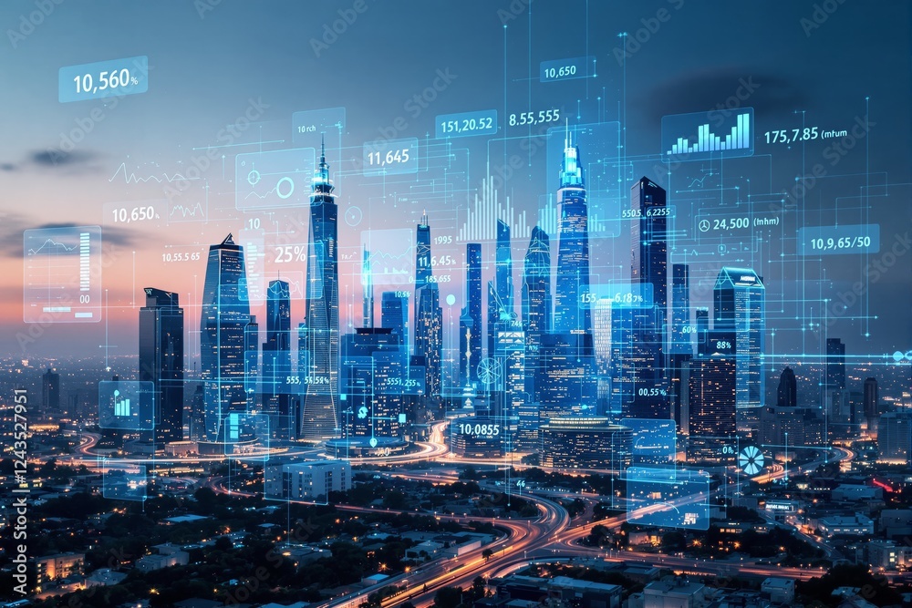 Fototapeta premium Futuristic cityscape with glowing data overlays and digital analytics interface at dusk.