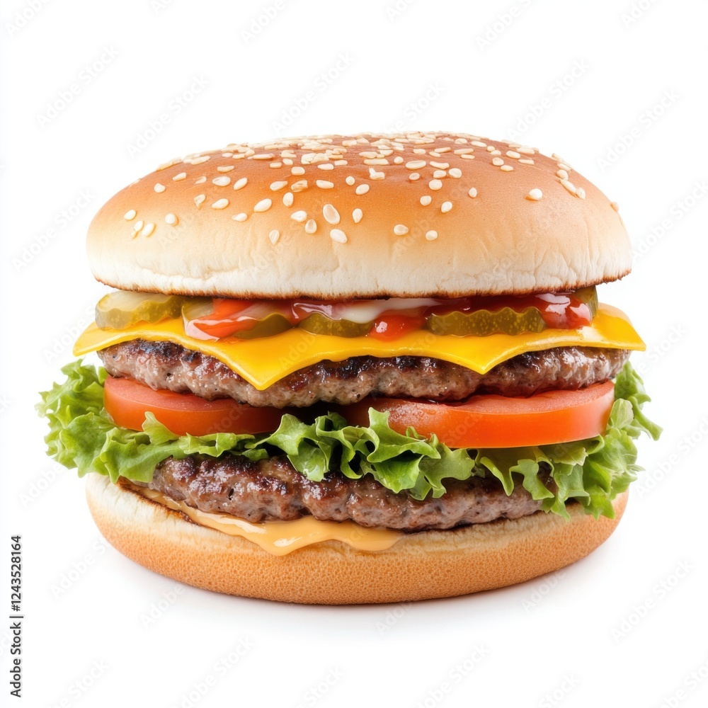 Delicious Double Cheeseburger with Fresh Vegetables and Tasty Condiments on Sesame Seed Bun Delicious Double Cheeseburger with Fresh Vegetables and Tasty Condiments on Sesame Seed Bun