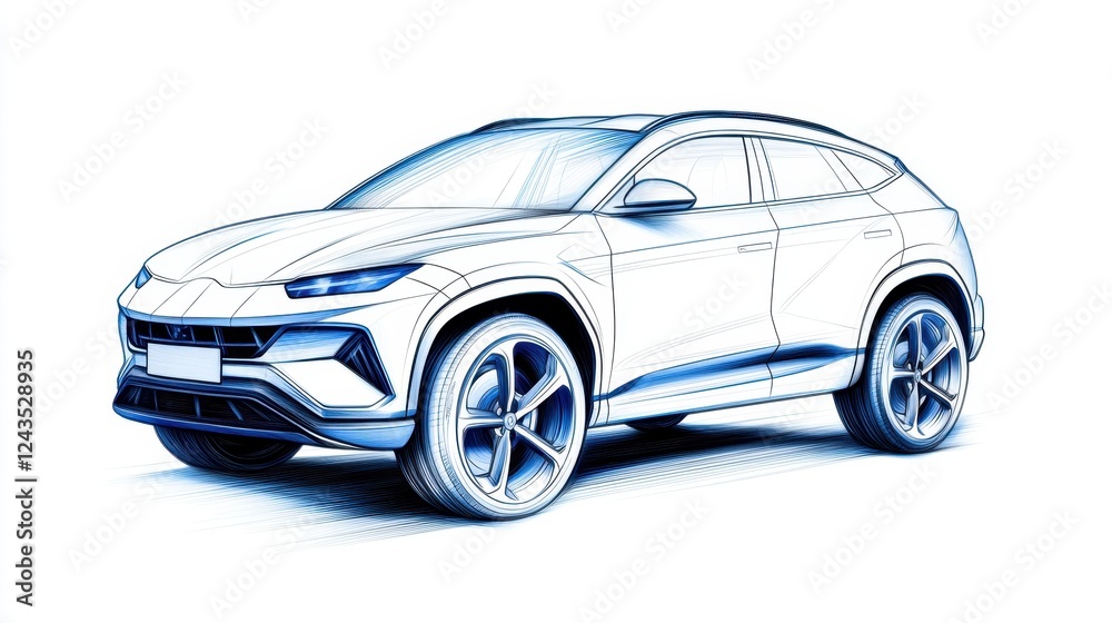 Fototapeta premium Sleek Modern SUV Car Design Sketch in Blue and White Color Scheme