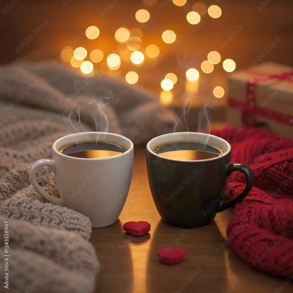 Obraz premium Valentine's Day, two cups of coffee on a cozy café table. Love fills the air, creating a warm and romantic atmosphere for a perfect date. Enjoy the moment!