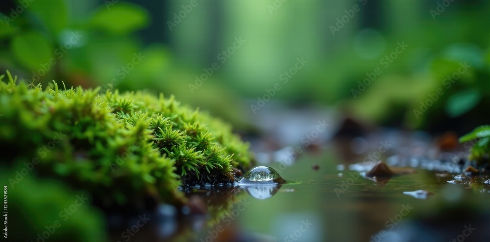 Single raindrop falls onto a moss-covered forest floor, puddle, droplet Single raindrop falls onto a moss-covered forest floor, puddle, droplet