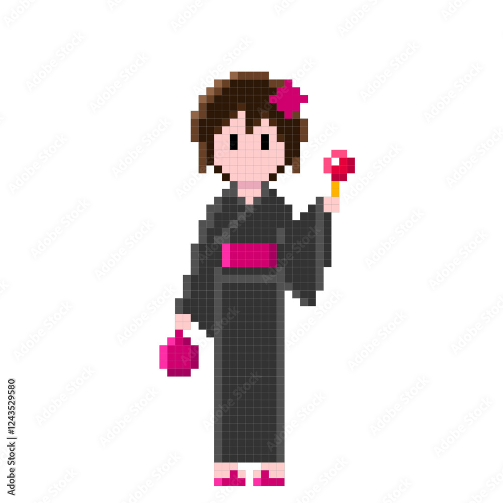 Fototapeta premium 黒っぽいシックな浴衣とピンクの帯、リンゴ飴と巾着袋を持った女性の可愛いドット絵 | ピクセルアート