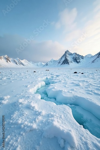 Snowy and icy terrain with distant mountains in the background at Northern tip of Prins Karls Forland Spitsbergen, arctic, spitsbergen, landscape photo