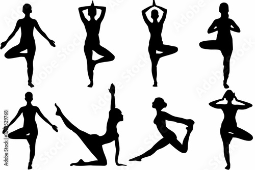 A set of isolated black vector silhouettes of various Yoga Poses Woman designs on a white background 