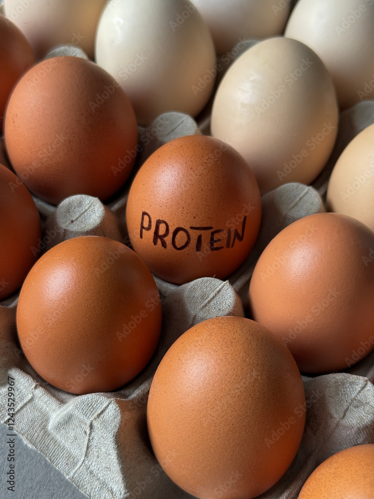 White and brown eggs in paper carton with a word protein written on one close up White and brown eggs in paper carton with a word protein written on one close up
