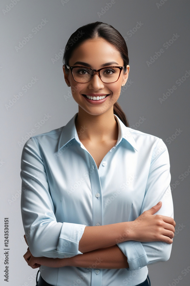 Happy young smiling confident professional business woman wearing blue shirt and glasses, happy pretty female executive looking at camera, standing arms crossed isolated at gray background Happy young smiling confident professional business woman wearing blue shirt and glasses, happy pretty female executive looking at camera, standing arms crossed isolated at gray background