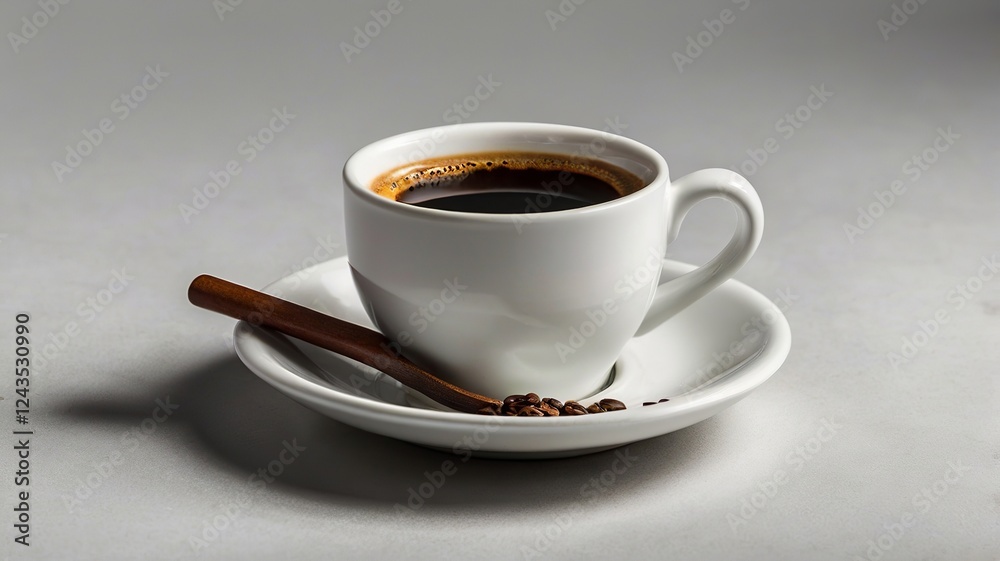 Fototapeta premium Dark Espresso in White Cup on Saucer with Cinnamon Stick