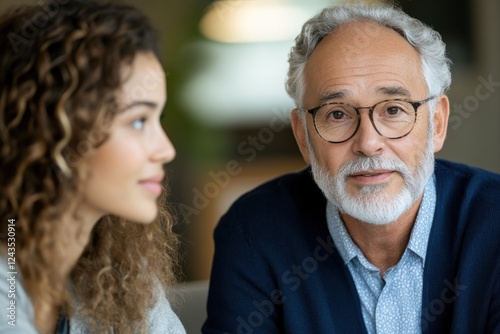 A senior man with glasses engages in a meaningful conversation with a young woman showcasing an insightful exchange of thoughts and wisdom about life and experiences. photo