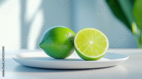 A close up of a whole green lime with smooth glossy skin, next to a halved lime displaying juicy, translucent green segments, arranged on a white plate