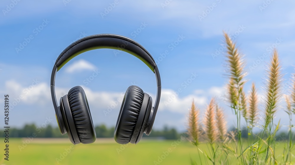 Naklejka premium Black Headphones in Sunny Field