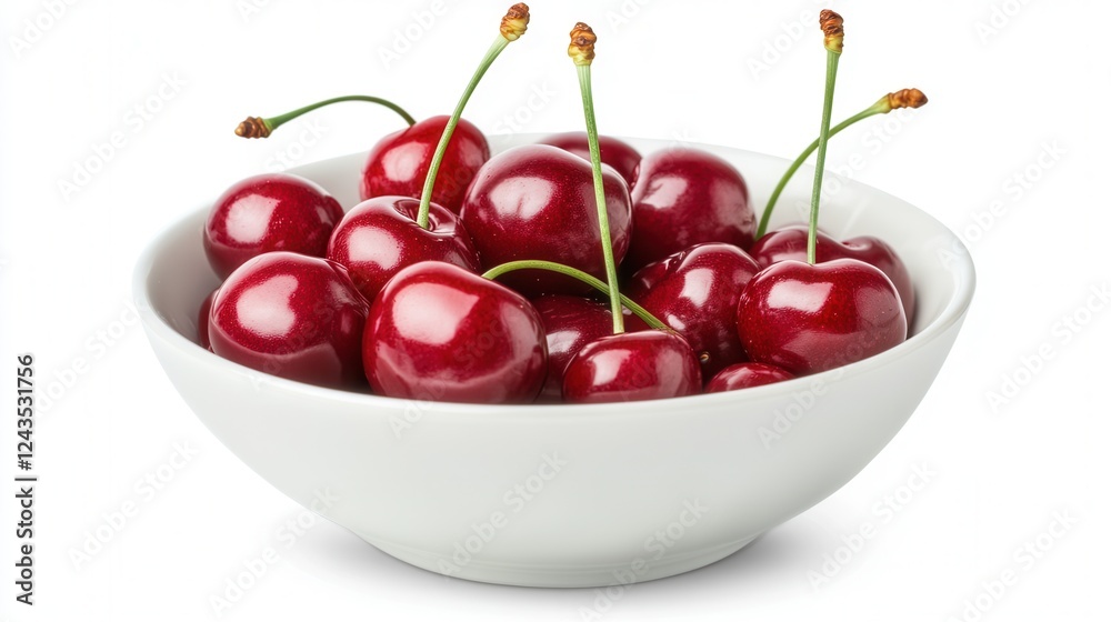 A deep ceramic bowl filled with shiny, deep red cherries, their long stems adding elegance, placed on a clean white surface A deep ceramic bowl filled with shiny, deep red cherries, their long stems adding elegance, placed on a clean white surface