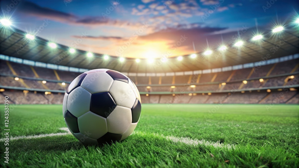 Fototapeta premium A soccer ball sits atop a lush green field with blurred stadium structures fading into the background, blurred stadium, outdoor stadium