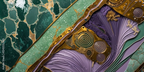 Abstract Klimt Inspired Art with Gold Purple and Green Textures and Ornamentation