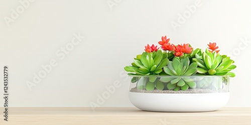 Wallpaper Mural A beautiful succulent arrangement in a modern white and glass pot, placed on a wooden surface against a minimalist white background. Torontodigital.ca