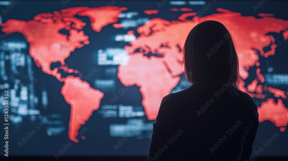 A silhouette of a person in front of a glowing red world map, suggesting themes of analysis, technology, and global monitoring. A silhouette of a person in front of a glowing red world map, suggesting themes of analysis, technology, and global monitoring.